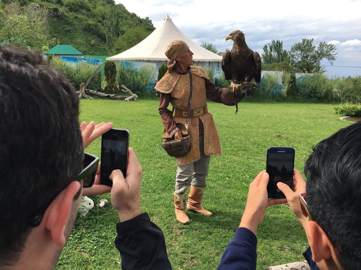 Two people take photos with their smartphones of a man holding a hawk